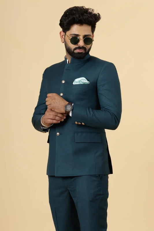 Men's Teal Blue Designer Jodhpuri Suit, Perfect for Weddings and Festivals