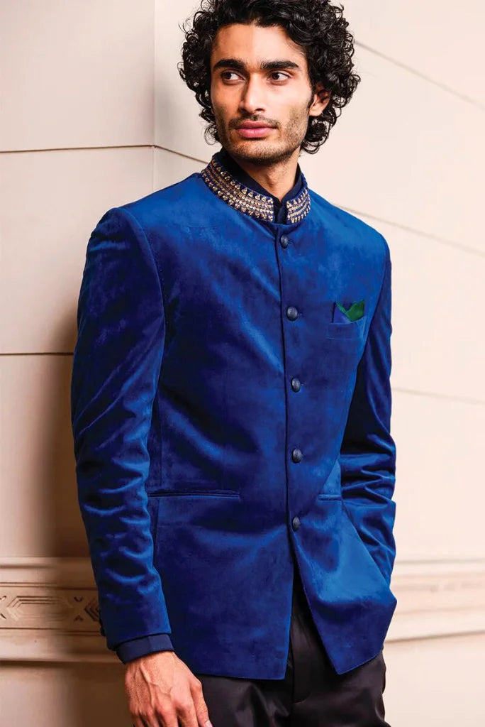 Men's Royal Blue Velvet Bandhgala Jodhpuri Suit, Embroidery Jodhpuri Suit for Wedding