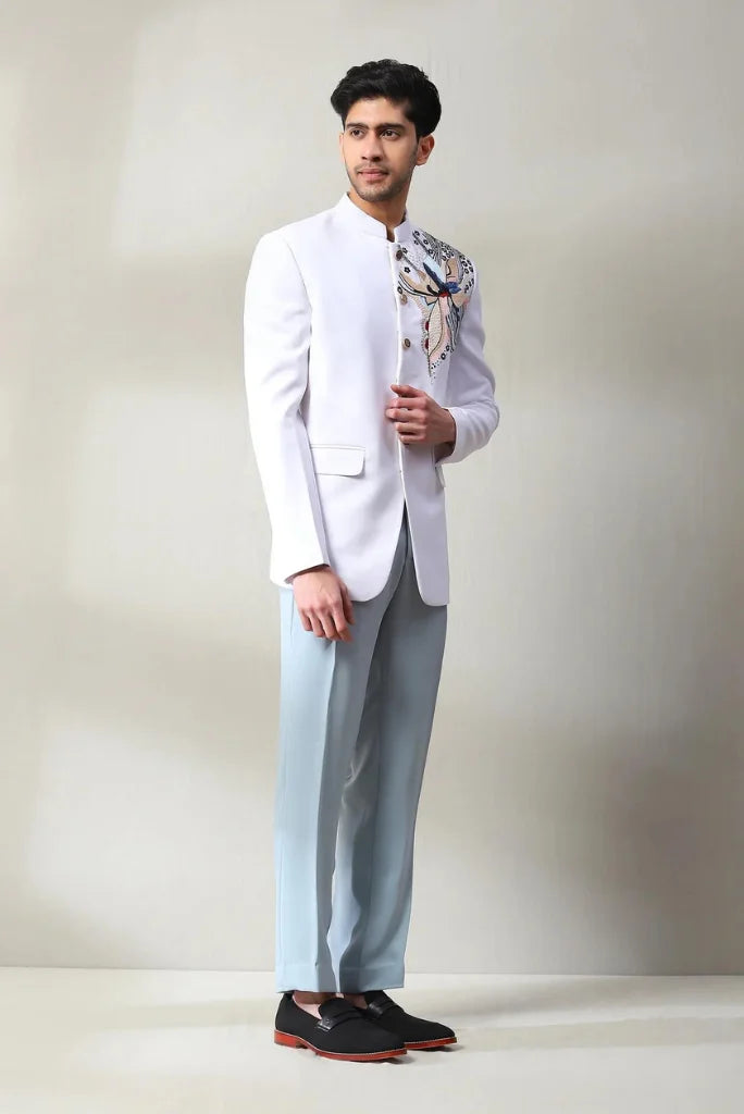 Men's White Bandhgala Embroidered Jodhpuri Blazer with Sky Blue Pant