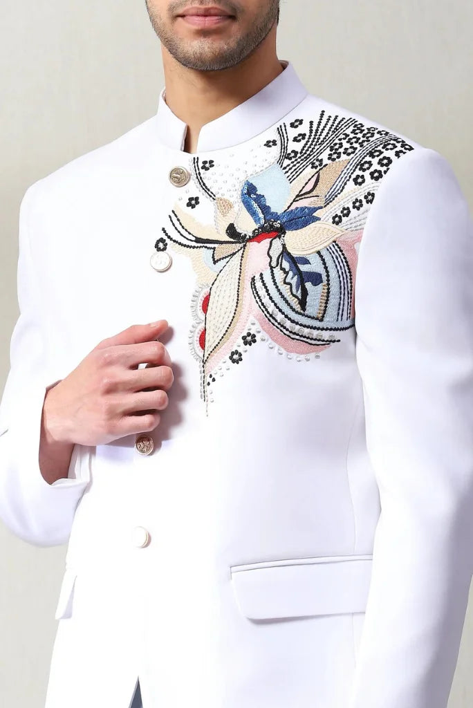 Men's White Bandhgala Embroidered Jodhpuri Blazer with Sky Blue Pant