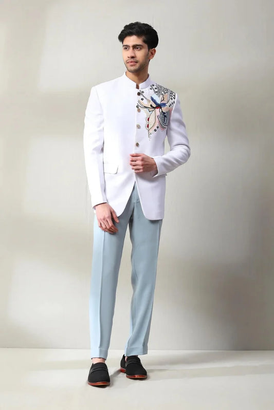 Men's White Bandhgala Embroidered Jodhpuri Blazer with Sky Blue Pant