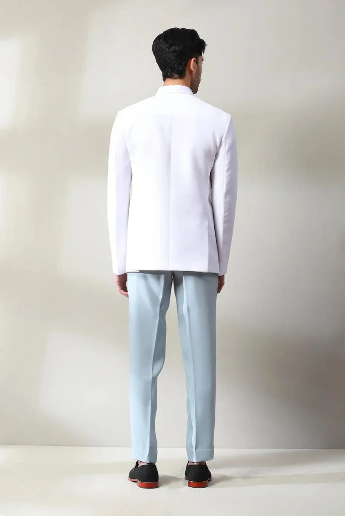 Men's White Bandhgala Embroidered Jodhpuri Blazer with Sky Blue Pant