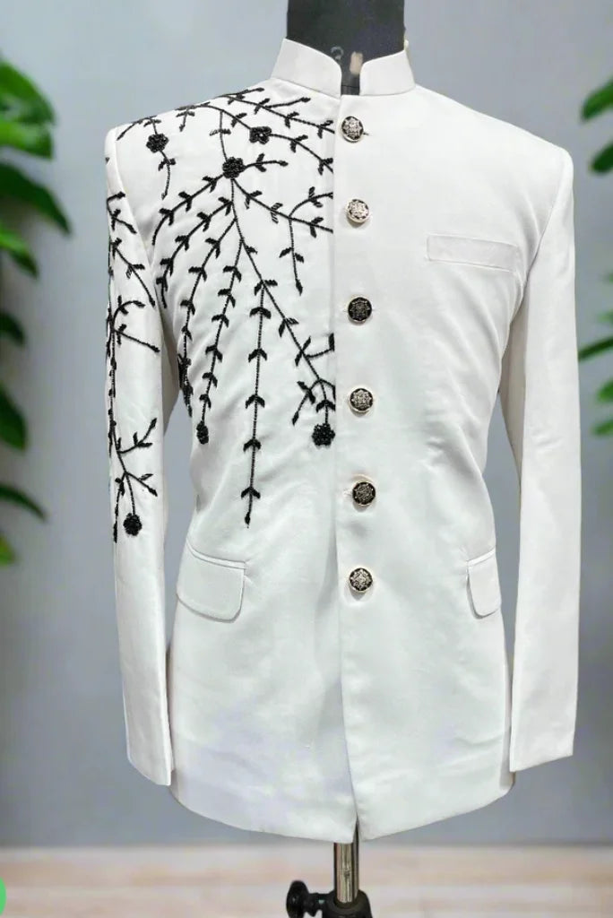Men's Perfect Outfit for Wedding and Festival, White Bandhgala Embroidered Jodhpuri Suit
