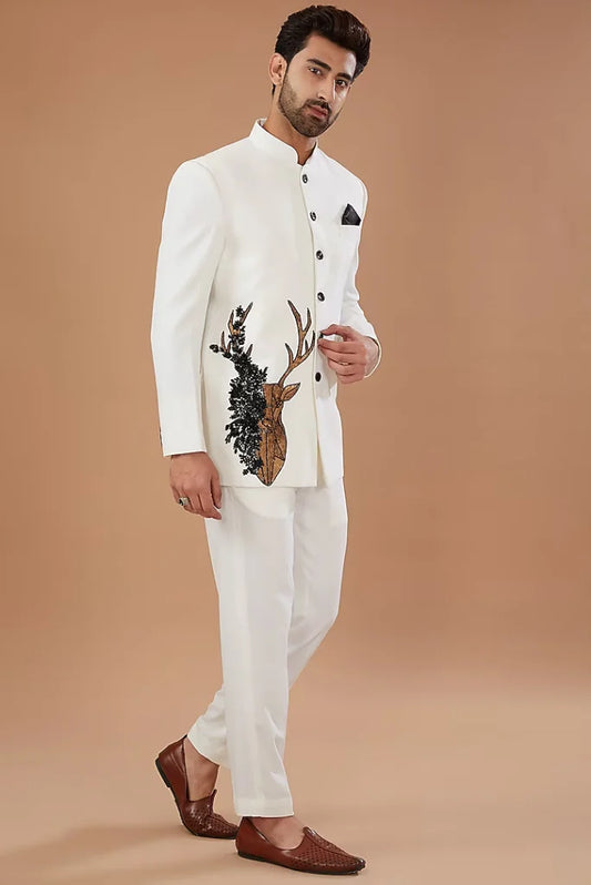 Men's White Bandhgala Embroidered Jodhpuri Suit, Perfect for Wedding and Festival