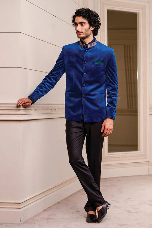 Men's Royal Blue Velvet Bandhgala Jodhpuri Suit, Embroidery Jodhpuri Suit for Wedding