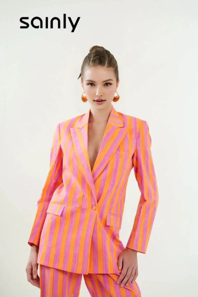Women Elegant Orange & Pink Stripe Hand Block Print Cotton Co-Ord Set Stylish Double Breasted Striped Suit And Gatherings Party Suit