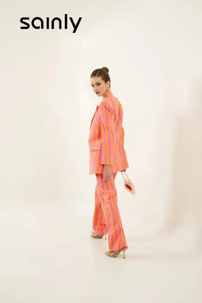 Women Elegant Orange & Pink Stripe Hand Block Print Cotton Co-Ord Set Stylish Double Breasted Striped Suit And Gatherings Party Suit