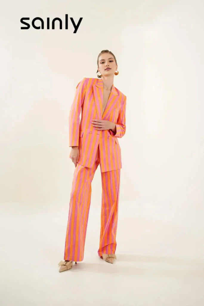 Women Elegant Orange & Pink Stripe Hand Block Print Cotton Co-Ord Set Stylish Double Breasted Striped Suit And Gatherings Party Suit