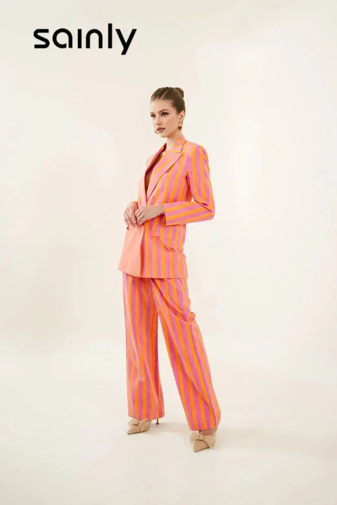 Women Elegant Orange & Pink Stripe Hand Block Print Cotton Co-Ord Set Stylish Double Breasted Striped Suit And Gatherings Party Suit