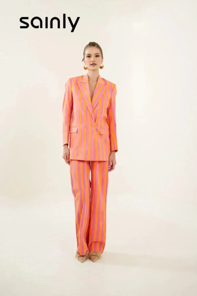 Women Elegant Orange & Pink Stripe Hand Block Print Cotton Co-Ord Set Stylish Double Breasted Striped Suit And Gatherings Party Suit