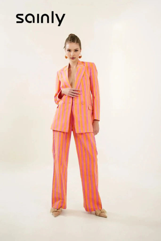 Women Elegant Orange & Pink Stripe Hand Block Print Cotton Co-Ord Set Stylish Double Breasted Striped Suit And Gatherings Party Suit