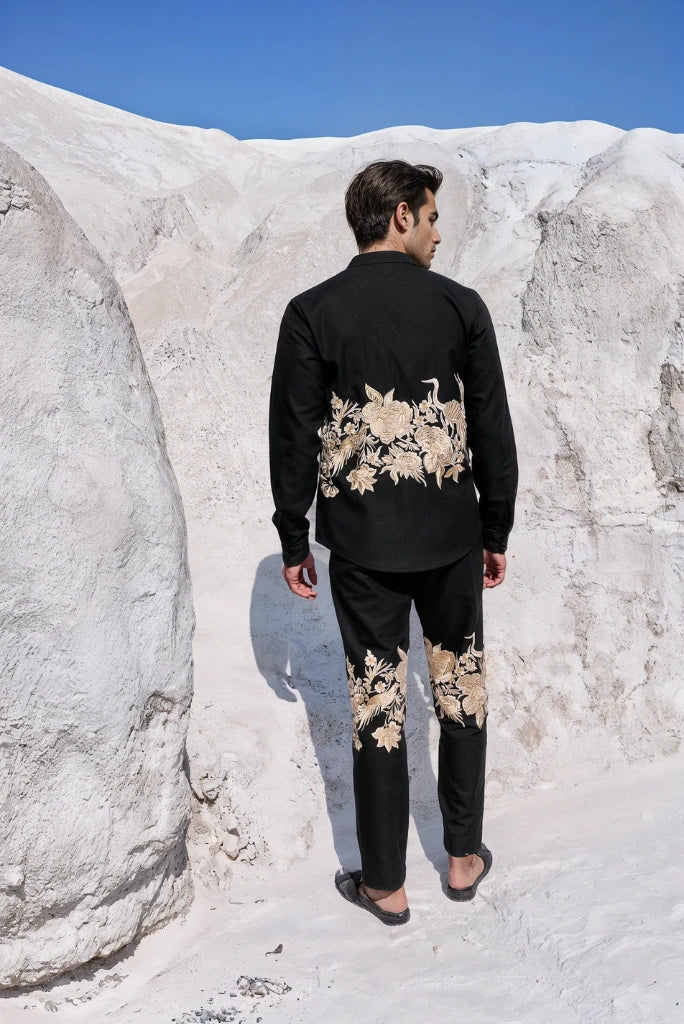 Men Elegant Placement Embroidery Black Pant Perfect For Festive Ethnic Parties Wedding Club Casual Outings Trouser