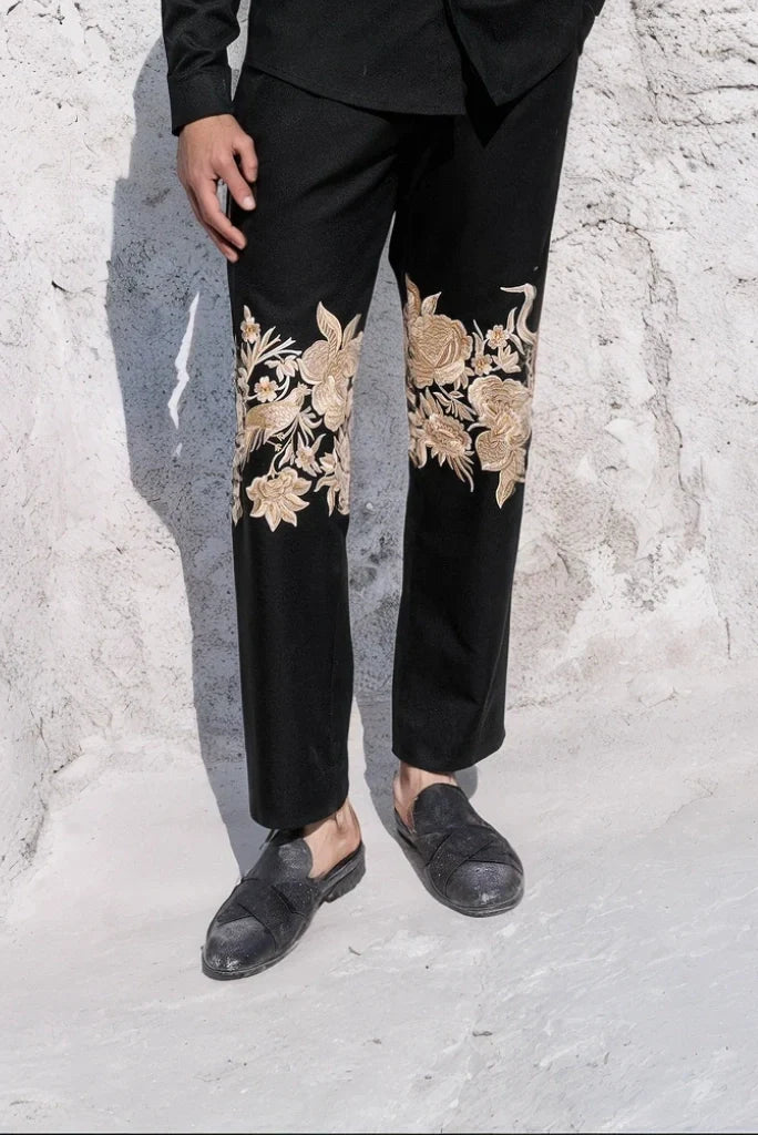 Men Elegant Placement Embroidery Black Pant Perfect For Festive Ethnic Parties Wedding Club Casual Outings Trouser