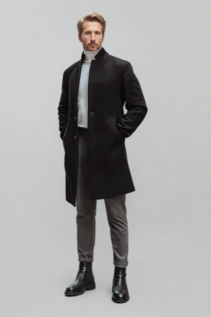 Men's Black Tweed Overcoat Slim Fit Trench Coat Single Breasted Outwear Long Tweed Coat Winter Gift For Him