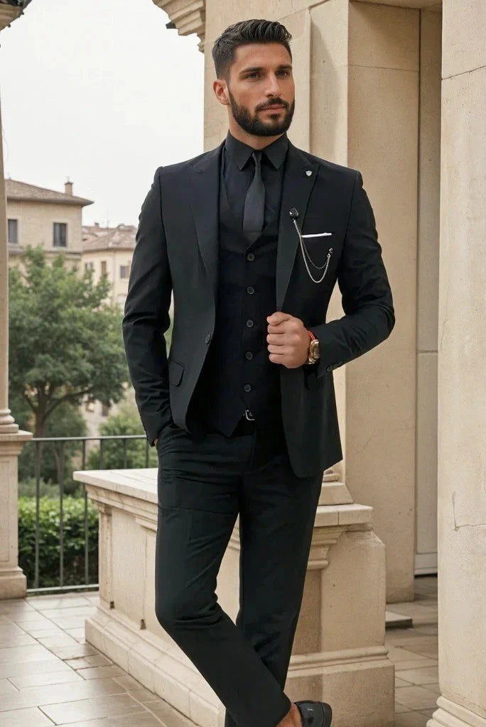 Men Black Designer Three Piece Suit Groomsmen Suit Wedding Prom Suit Bespoke For Men