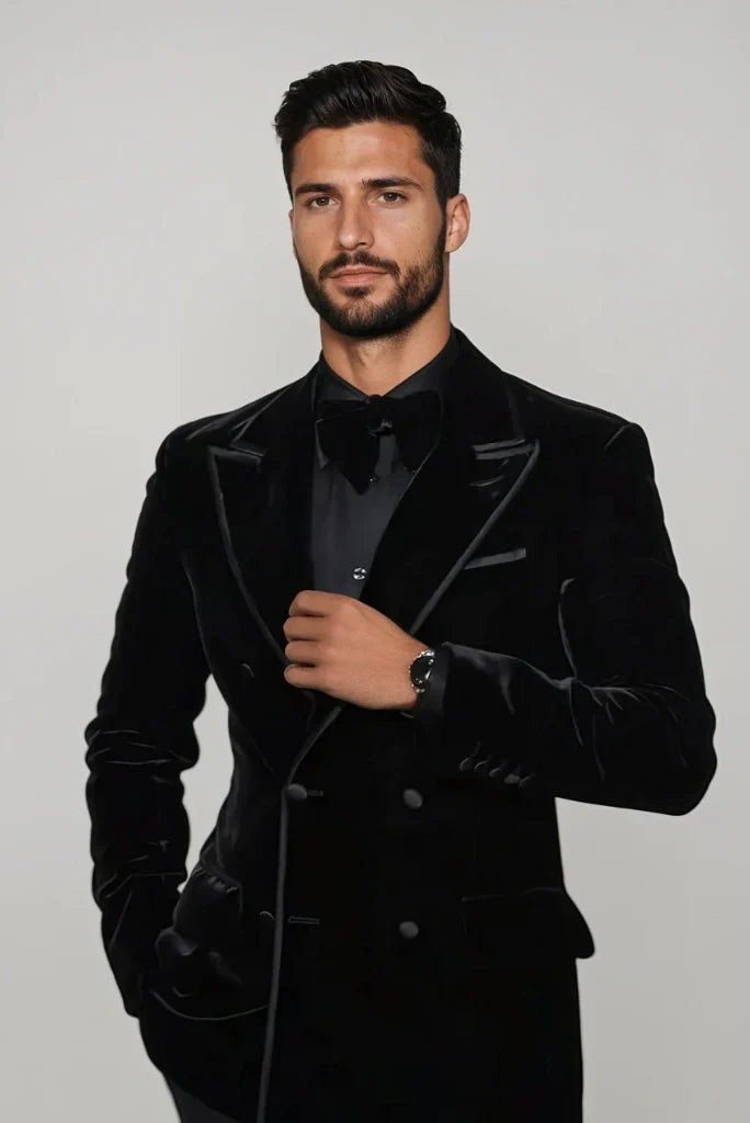 Men Black Velvet Double Breasted Coat Dinner Party Wear Blazer Casual Outfit Jacket Christmas Gift For Him