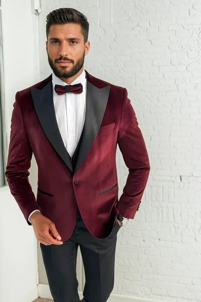 Men Designer 3 Piece Tuxedo Suits Maroon Slim Fit Elegant Formal Fashion Suit Groom Wedding Stylish Suit Bespoke For Men