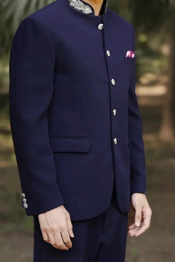 Men Navy Blue Embroidered Jodhpuri Bandhgala Suit For Special Groom Wedding Suit & Reception Sangeet Engagement Suit