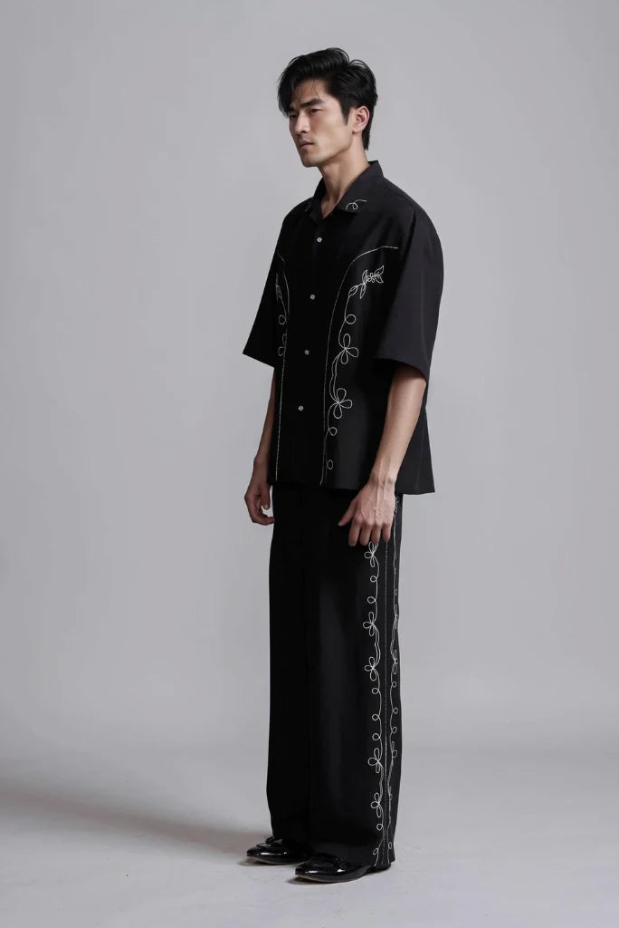 Men Thread Embroidery Loose Fit Elegant Black Pant Perfect For Beach Party Formal Weddings Travel Trouser