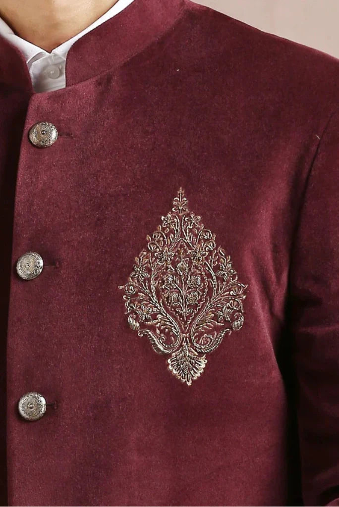 Men's Wine Velvet Embroidery Groom Jodhpuri Suit For Special Weddings Wear Suits & Any Occasions