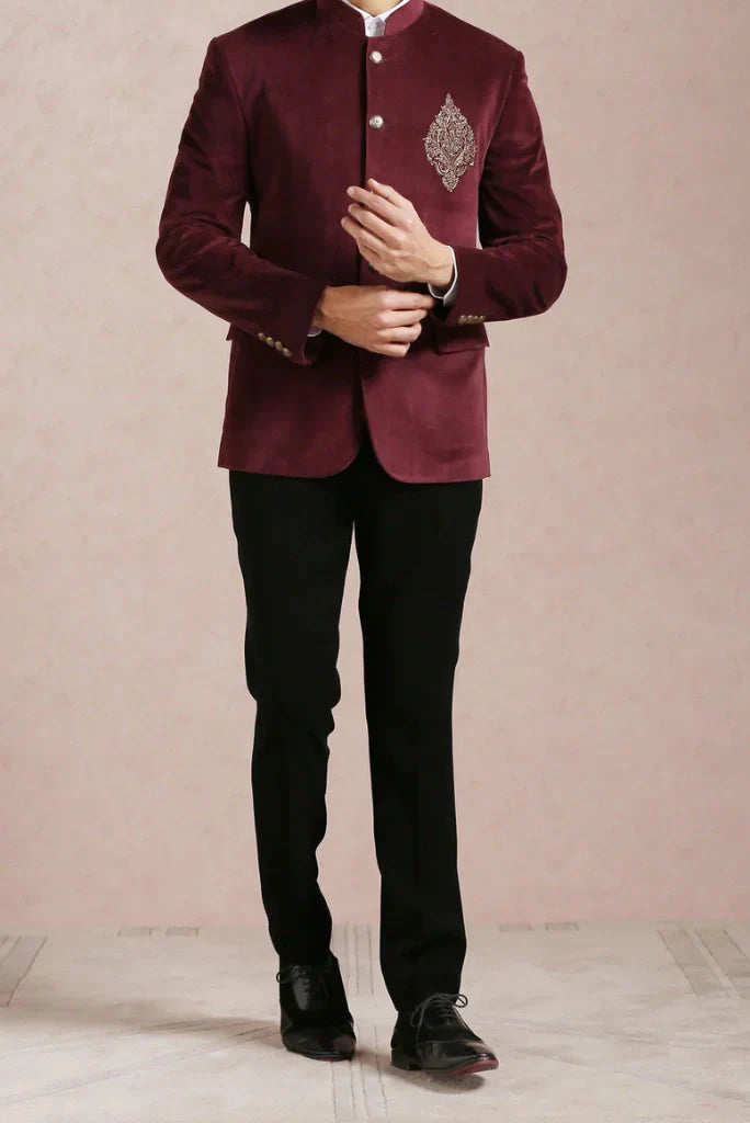 Men's Wine Velvet Embroidery Groom Jodhpuri Suit For Special Weddings Wear Suits & Any Occasions