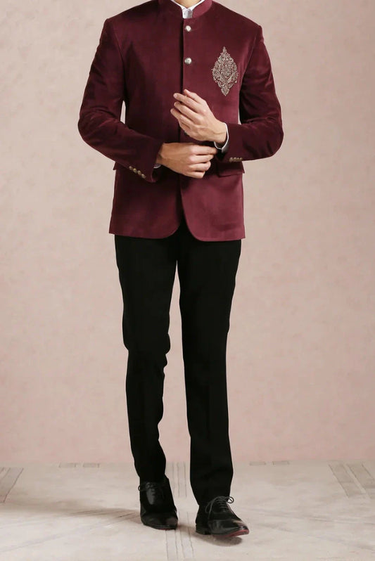 Men's Wine Velvet Embroidery Groom Jodhpuri Suit For Special Weddings Wear Suits & Any Occasions