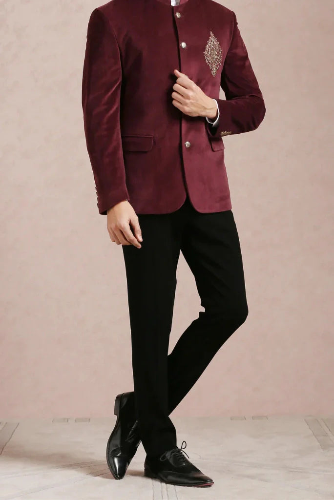 Men's Wine Velvet Embroidery Groom Jodhpuri Suit For Special Weddings Wear Suits & Any Occasions