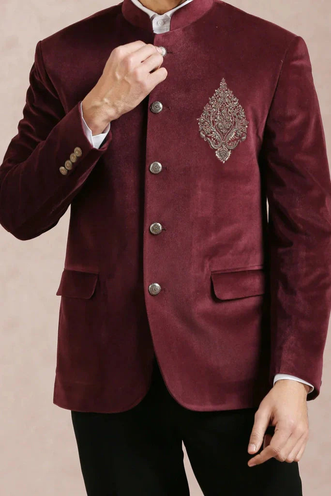 Men's Wine Velvet Embroidery Groom Jodhpuri Suit For Special Weddings Wear Suits & Any Occasions