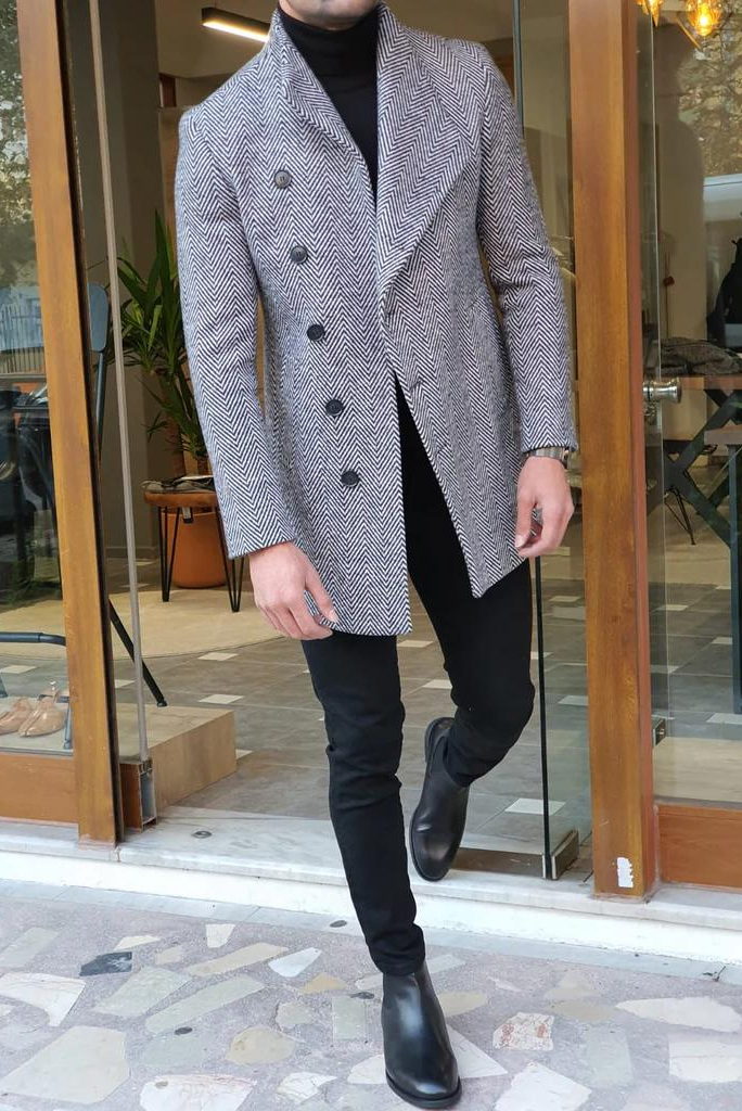 Men Tweed Woolen Grey Over Coat  Trench Coat Man Long Jacket Stylish Winter Wear Customized Coat wear For him