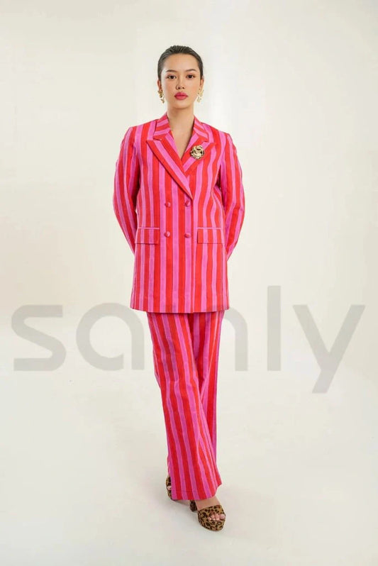 Women Double Breasted Pink & Red Stripe Hand Block Print Co-Ord Set Cotton Women's Blazer And Trousers Set Stylish Partywear Suits