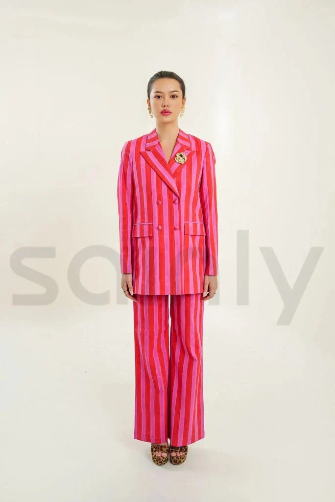 Women Double Breasted Pink & Red Stripe Hand Block Print Co-Ord Set Cotton Women's Blazer And Trousers Set Stylish Partywear Suits