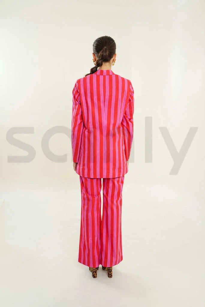 Women Double Breasted Pink & Red Stripe Hand Block Print Co-Ord Set Cotton Women's Blazer And Trousers Set Stylish Partywear Suits