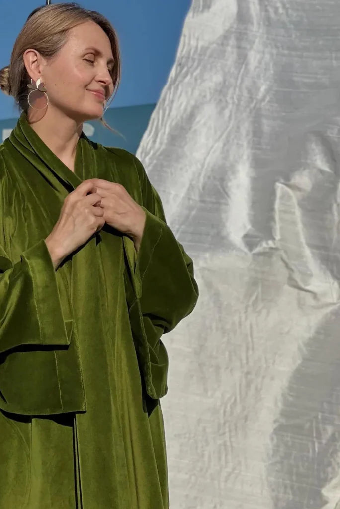 Women Green Velvet Kimono, Elegant Velvet Kimono for Winter