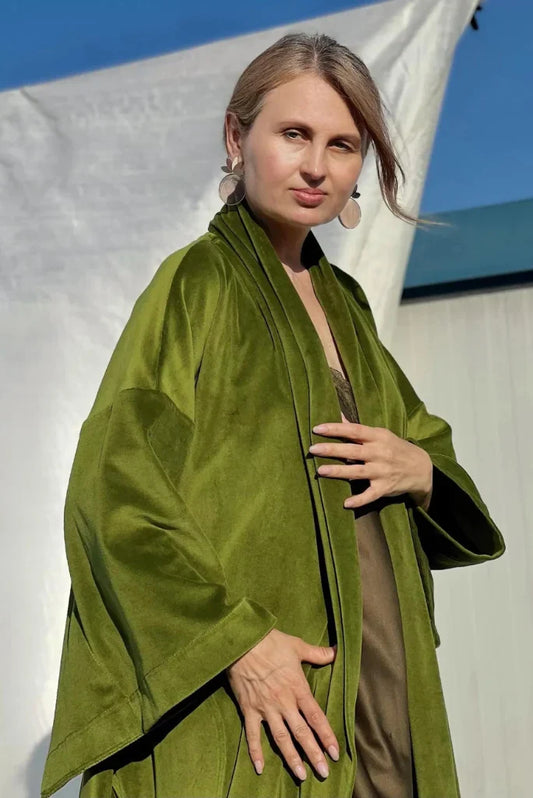 Women Green Velvet Kimono, Elegant Velvet Kimono for Winter