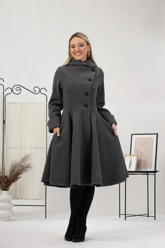 Women Designer Grey Princess Long Coat, Fit and Flare Long Coat for Her