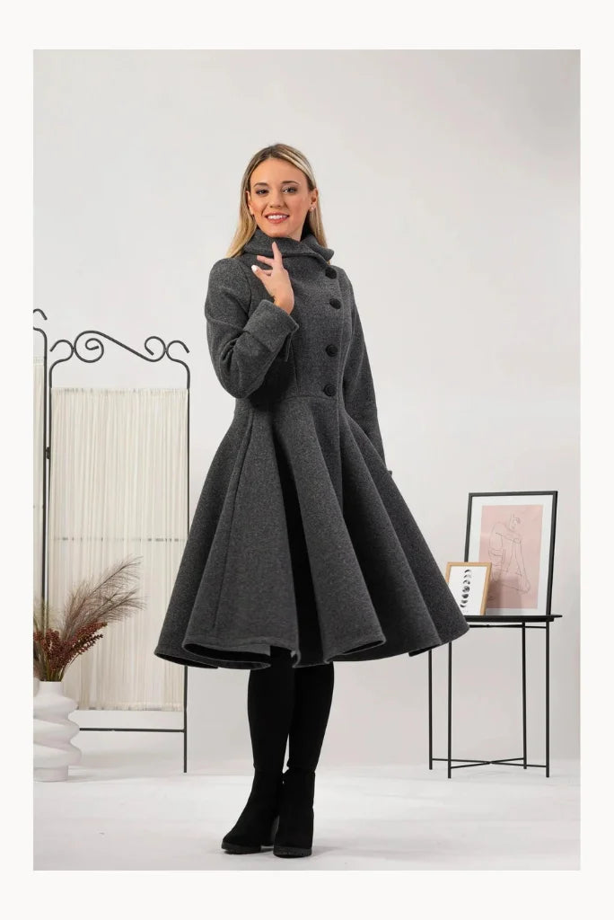 Women Designer Grey Princess Long Coat, Fit and Flare Long Coat for Her