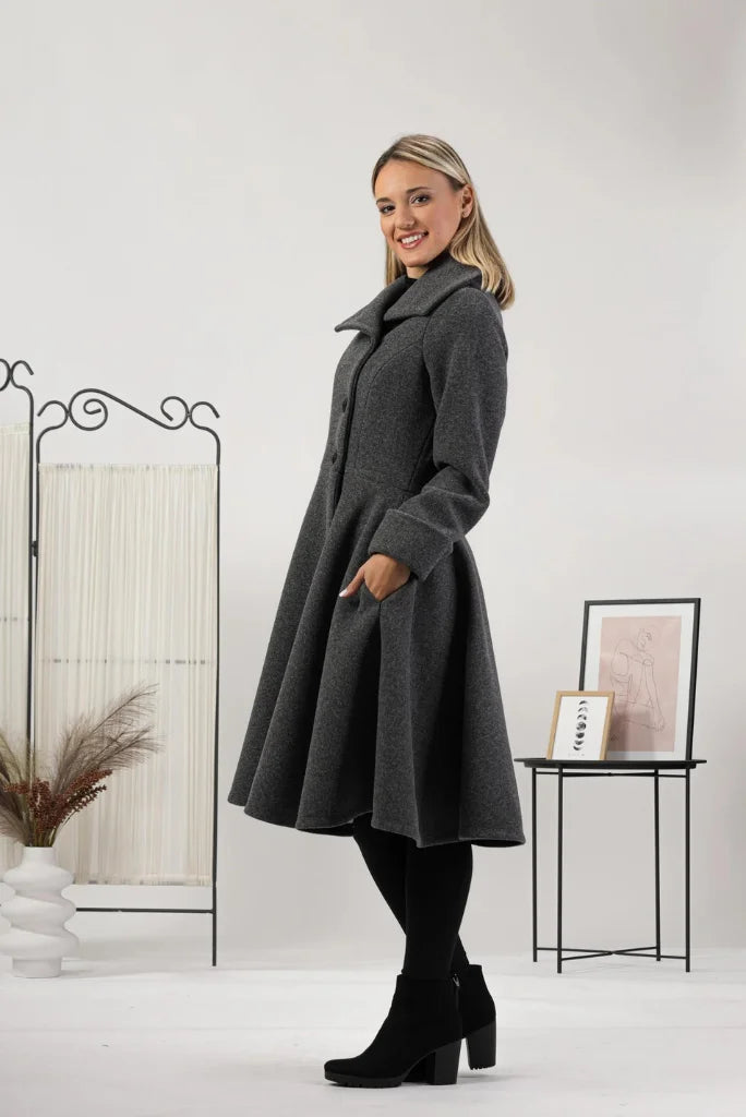 Women Designer Grey Princess Long Coat, Fit and Flare Long Coat for Her