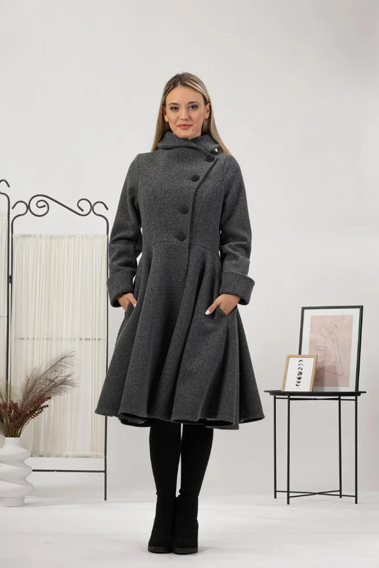 Women Designer Grey Princess Long Coat, Fit and Flare Long Coat for Her