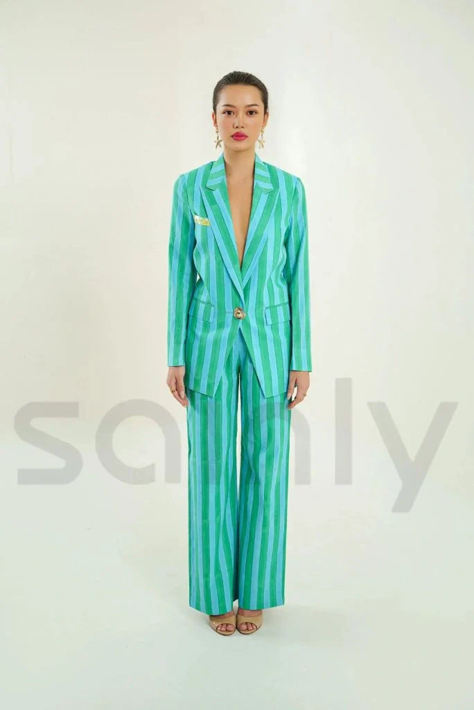 Women Handblock Printed Stripes Co-Ord Set & Green And Blue Stripes Pantsuit Summer Party Wear Outfit One Button Cotton Suits