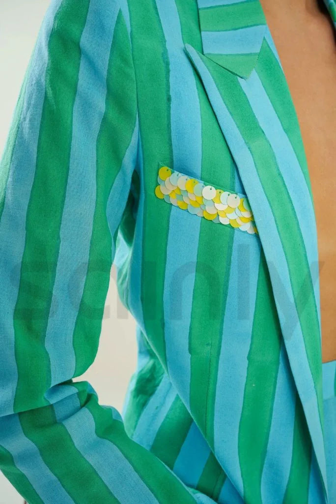 Women Handblock Printed Stripes Co-Ord Set & Green And Blue Stripes Pantsuit Summer Party Wear Outfit One Button Cotton Suits