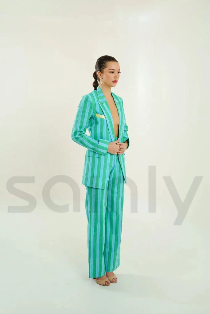 Women Handblock Printed Stripes Co-Ord Set & Green And Blue Stripes Pantsuit Summer Party Wear Outfit One Button Cotton Suits