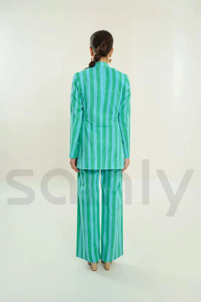 Women Handblock Printed Stripes Co-Ord Set & Green And Blue Stripes Pantsuit Summer Party Wear Outfit One Button Cotton Suits