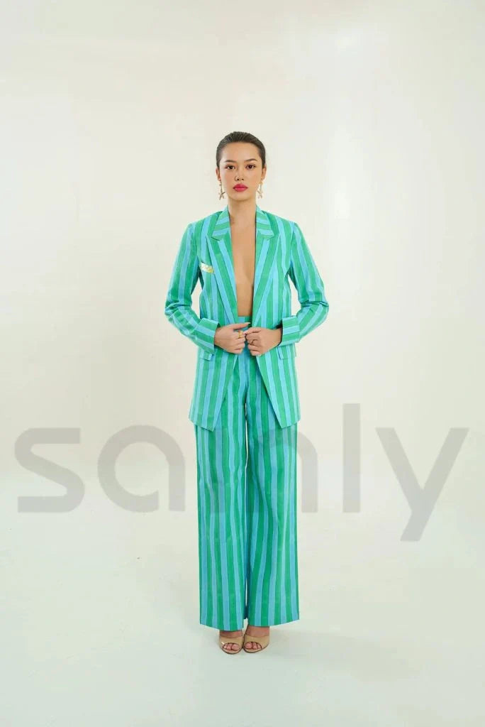 Women Handblock Printed Stripes Co-Ord Set & Green And Blue Stripes Pantsuit Summer Party Wear Outfit One Button Cotton Suits