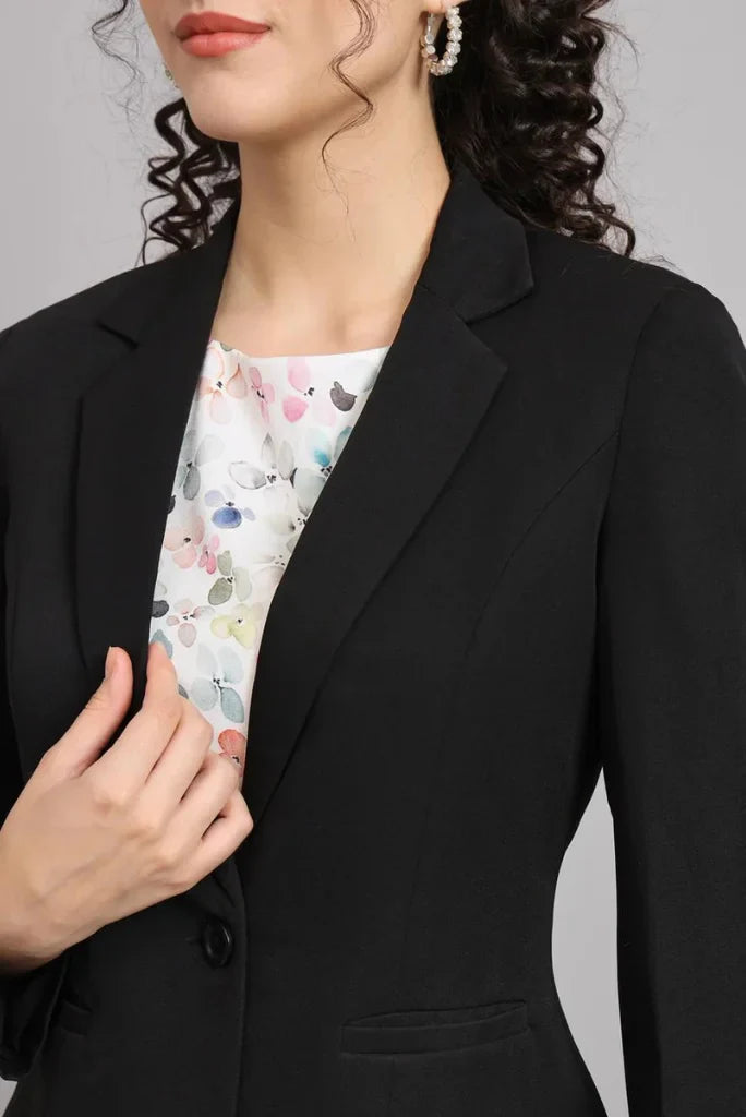 Women Black Single Breasted Notched Lapel Blazer, Casual Long Sleeve Blazer for Her