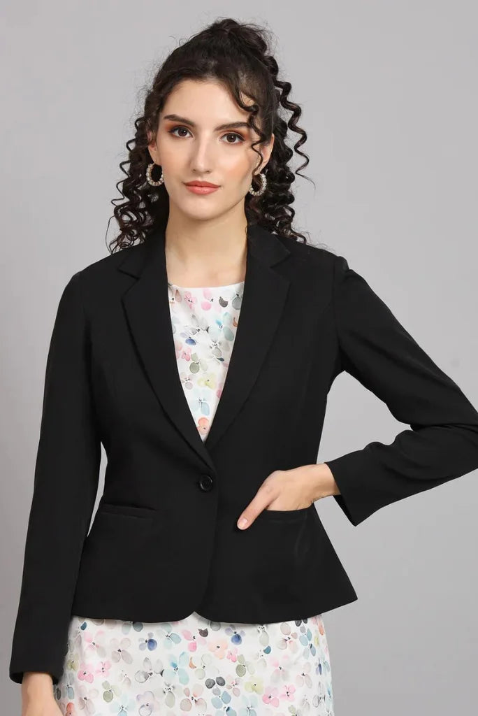 Women Black Single Breasted Notched Lapel Blazer, Casual Long Sleeve Blazer for Her