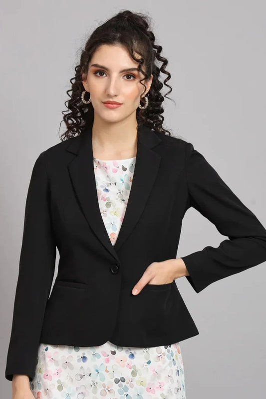 Women Black Single Breasted Notched Lapel Blazer, Casual Long Sleeve Blazer for Her