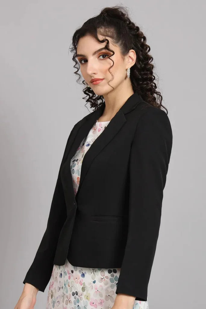 Women Black Single Breasted Notched Lapel Blazer, Casual Long Sleeve Blazer for Her