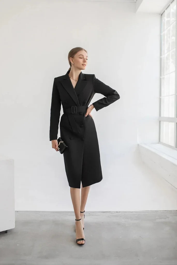 Women's Black Long Coat Formal Dress, Elegant Double Breasted Coat for Office and Events