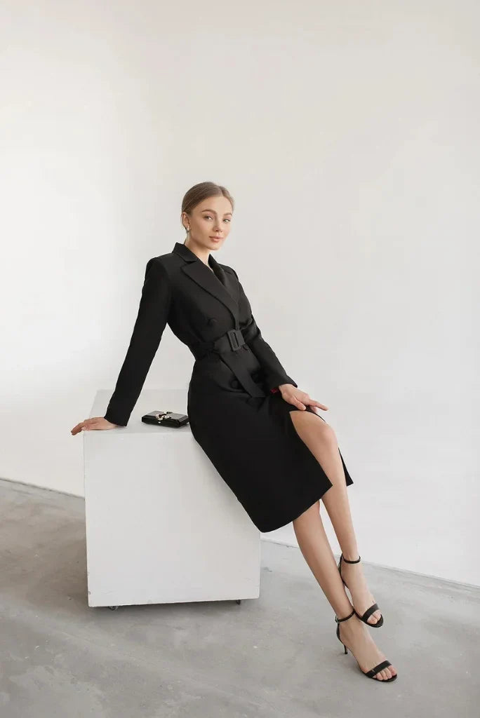 Women's Black Long Coat Formal Dress, Elegant Double Breasted Coat for Office and Events