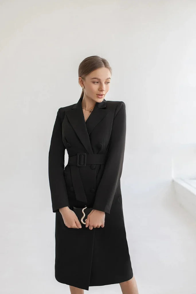 Women's Black Long Coat Formal Dress, Elegant Double Breasted Coat for Office and Events